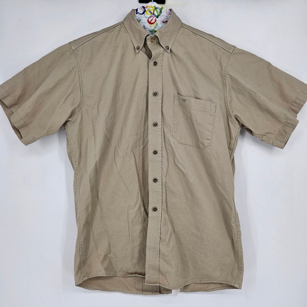 King Ranch Shirt Mens Medium Western Metal Button Down Short Sleeve Rodeo Tan